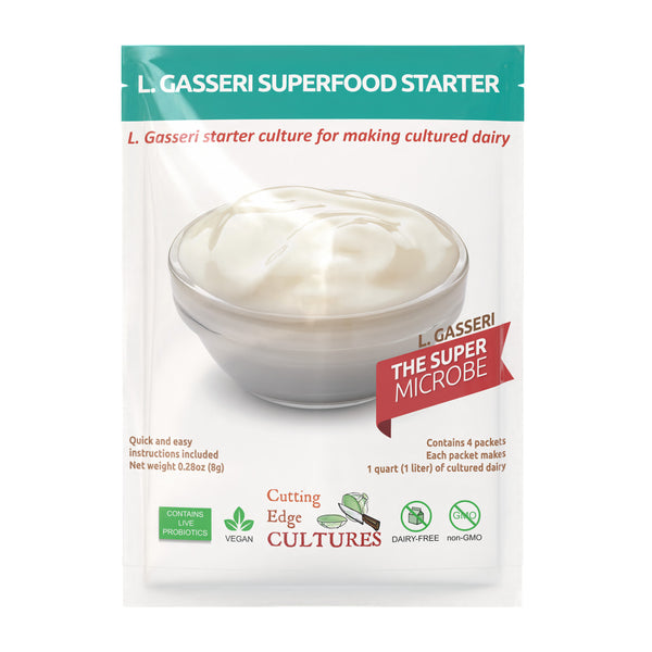 L. Gasseri Superfood Starter packaging with a bowl of yogurt on a white background