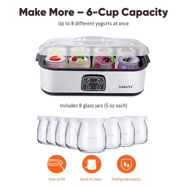 1400ml yogurt maker with 8 glass jars and digital screen