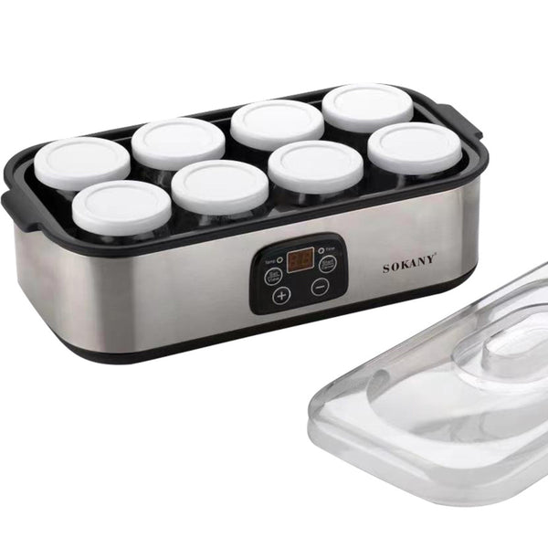 Stainless steel yogurt maker on white background