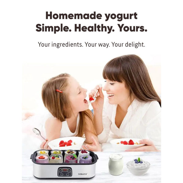 Mom and daughter eating homemade yogurt with yogurt maker