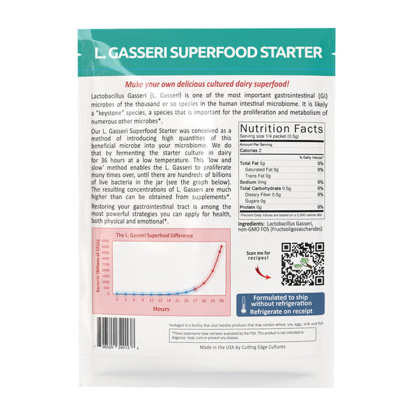 L Gasseri Superfood Starter package with text and nutritional information on a white background