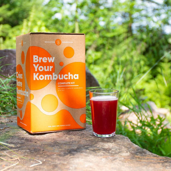 Kombucha Brewing Jar by Fermentation Revolution with glass of kombucha